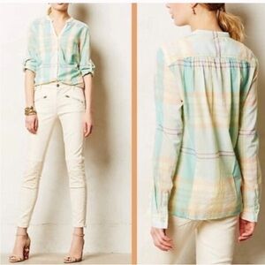 Anthropologie Holding Horses Tiby Buttondown Popover Shirt-Pastel Plaid-Size 2